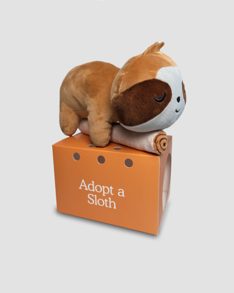 Legend Sloth Plushie sitting on adoption box